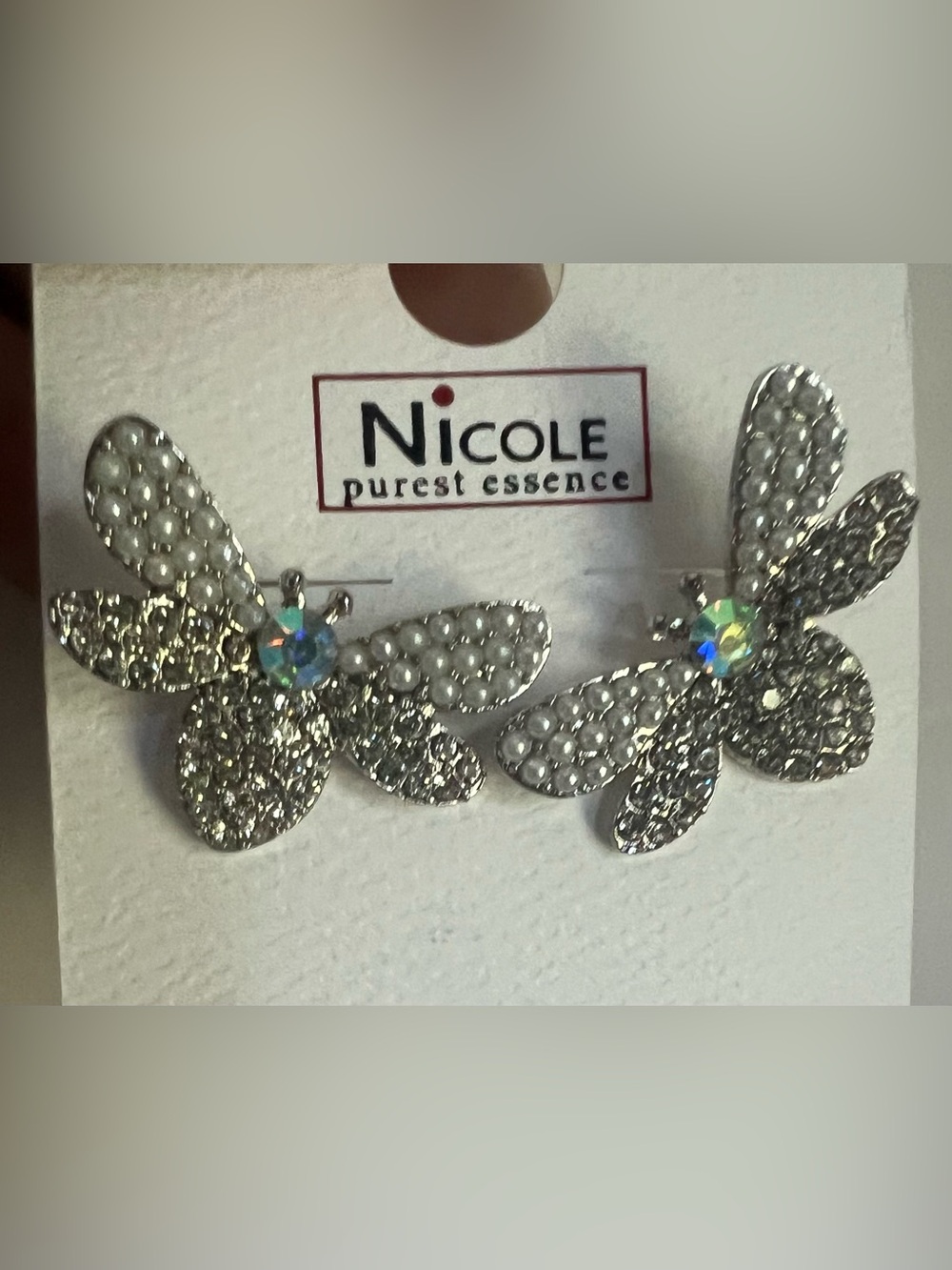 Nicole Silver Bee Earrings with Pearl and Aurora Crystal Accents